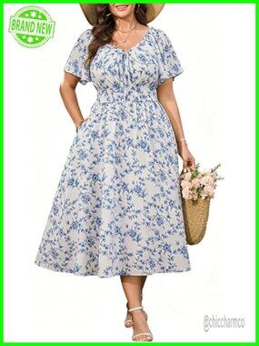 Plus Size Boho Maxi Dress Scoop Neck Tie Front Flowy Midi Casual Dresses